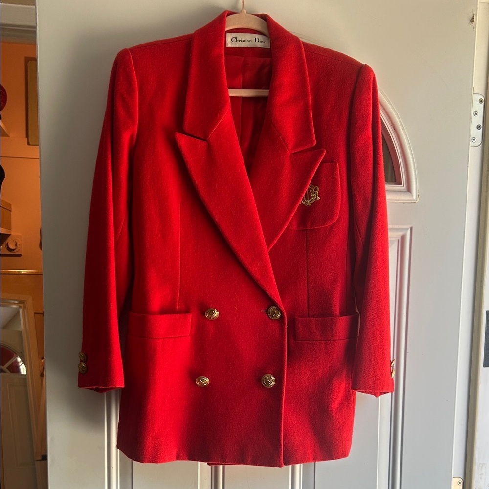 Dior Women's Vibrant Red Blazer with Gold Accents size 6 10 12